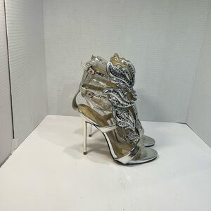 Giuseppe Zanotti Silver Crystal Leaf Stiletto Sandals